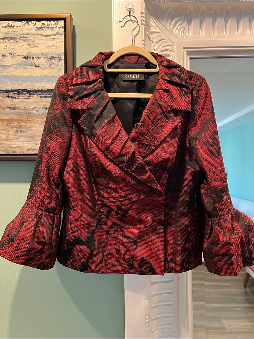 Carlisle Red and Black Patterned Tailored Jacket with Ruffled Collar